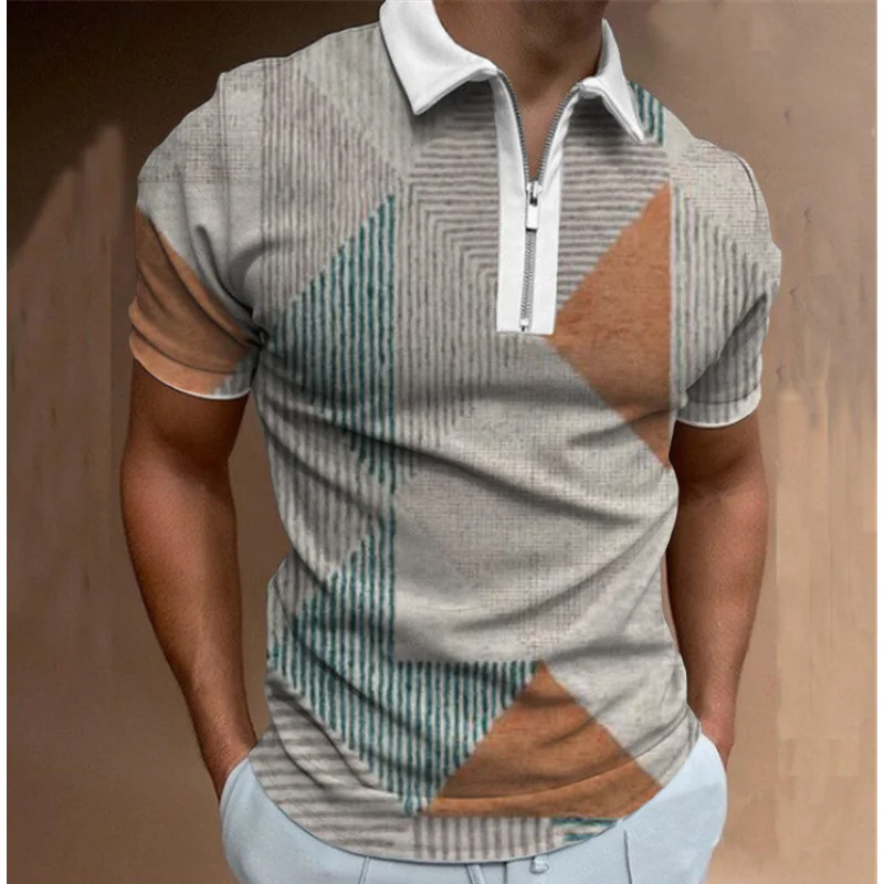 

Men's T-shirt New Hot In Europe and America Fashion Slim Short Sleeve Striped Zipper Lapel Top Polo Shirt Shirt