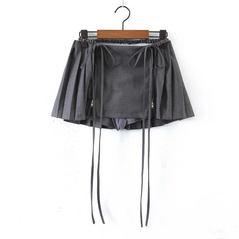 2023 Spring/Summer New Solid Color Pleated Sexy Half Dress Lace Up Y2K Double Zipper Personalized Street Skirt Goth Skirt