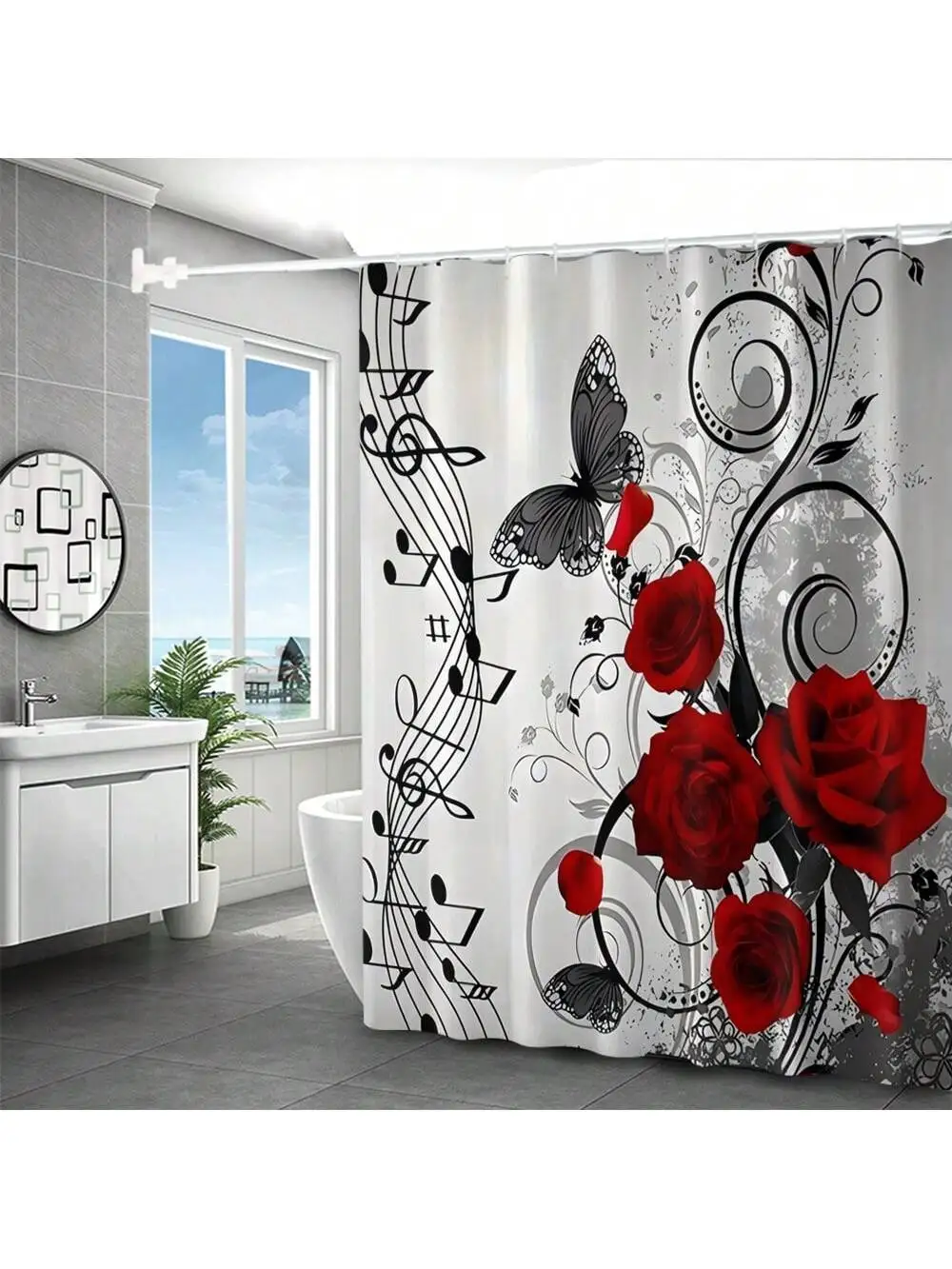 Floral Print Bath Set Shower Curtain Toilet Lid Cover U-Shape Bath Mat Bathroom Accessories Hooks 4pcs