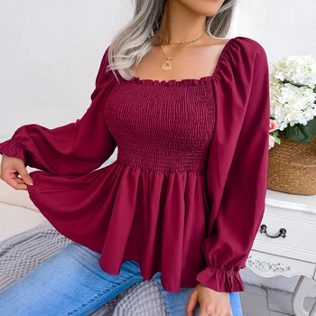 Women Chiffon Blouse 2026 Casual Solid Color Long Sleeve Ruffles Peplum Top White Red Green Blue Black Woman Clothes 1