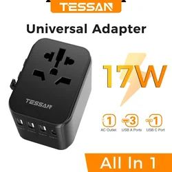 Universal Travel Adapter with USB and Type C Ports - Universal Plug (17W Black 3U1C)