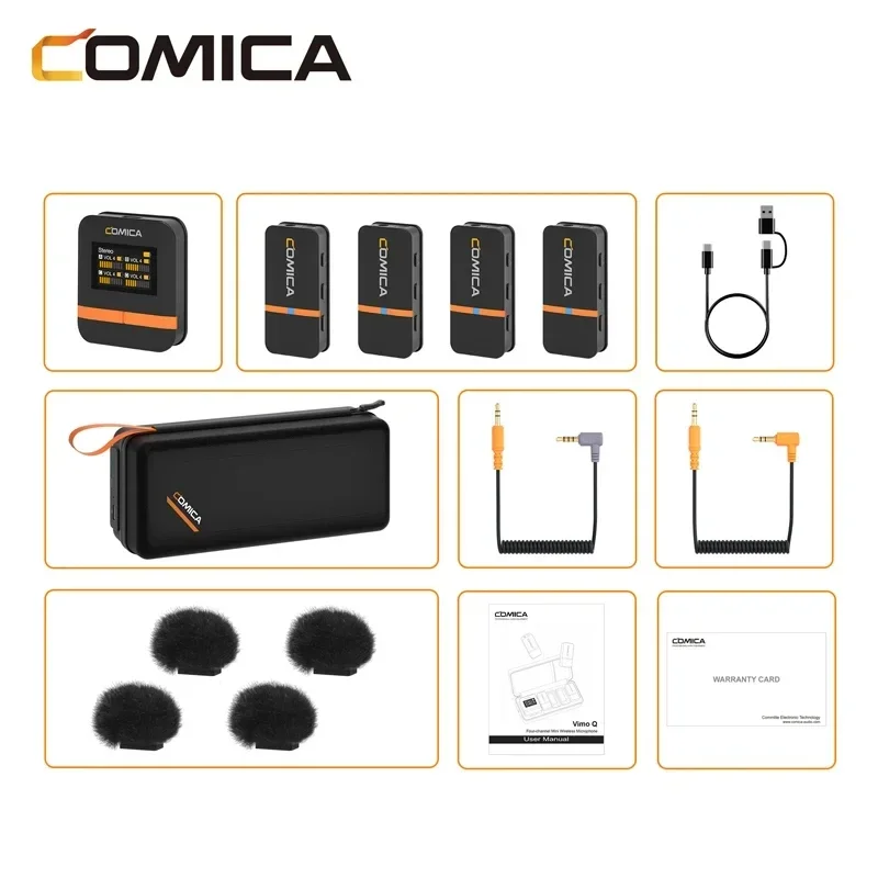 Comica Vimo Q 4 채널 미니 무선 라발리에 마이크, USB-C 충전 케이스 포함, 카메라 스마트폰 PC용