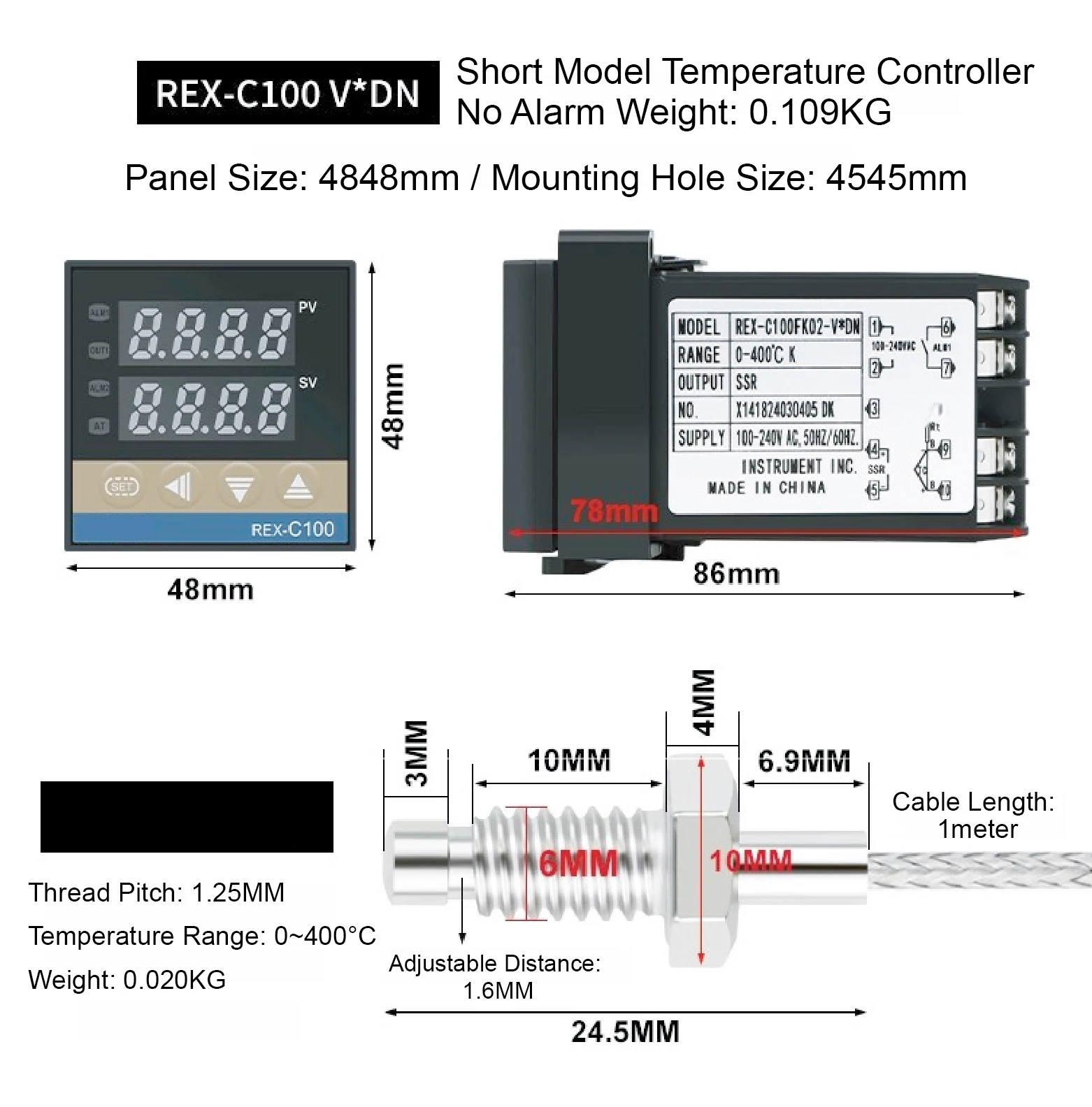 REX-C100 Temperature Controller Kit with K Type Thermocouple and 25DA 40DA 60DA