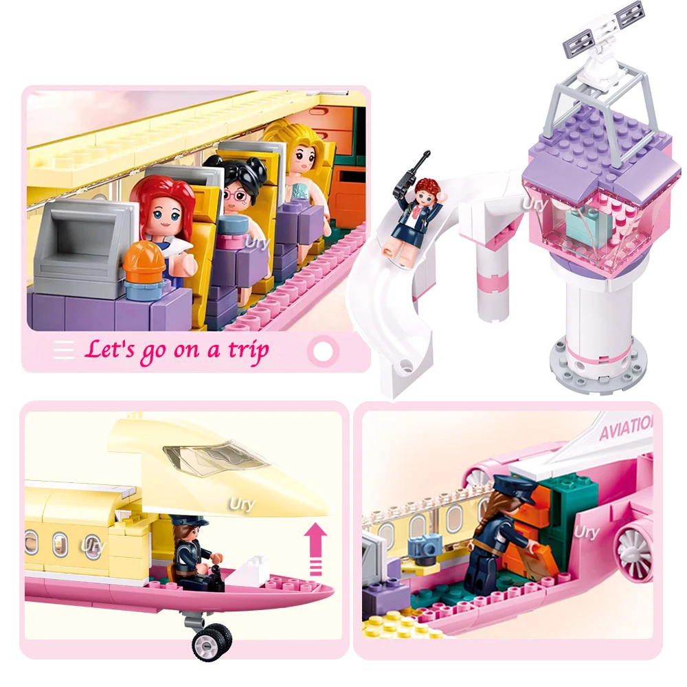 Sluban Friends City Plane Passengers Airplane Bus Sets Airport Airliner Figures Control Tower Building Blocks Toys for Girl Gift