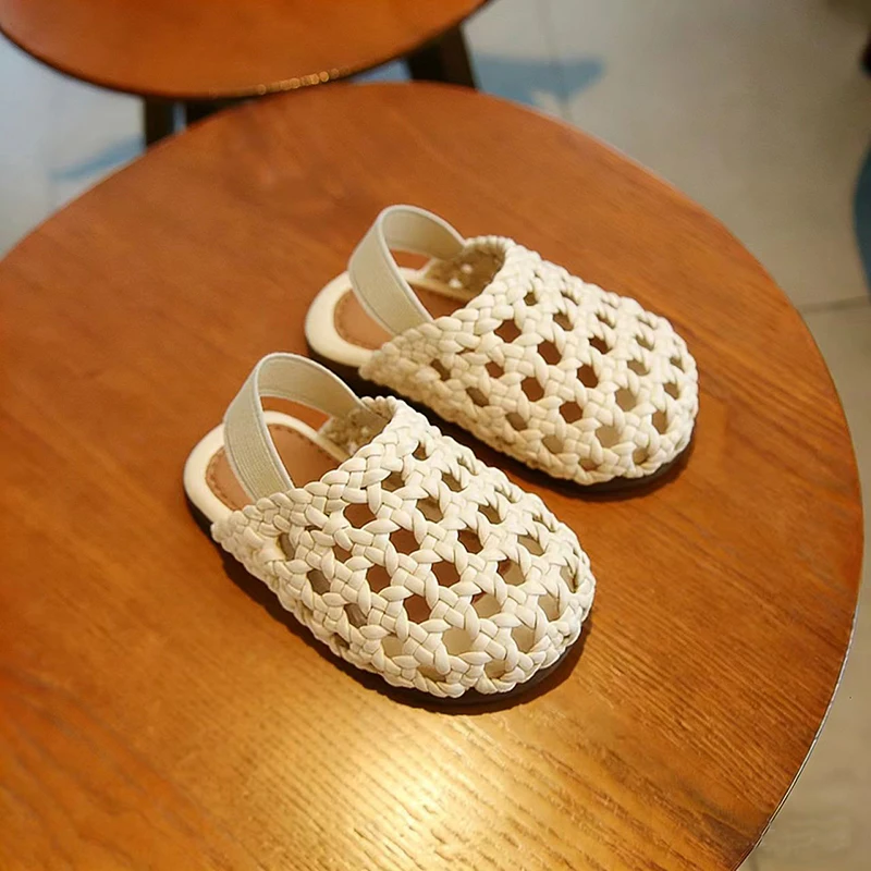 Kids'Casual 신발 샌들 그리드 PU 가죽 플랫 여름 신발 소녀용 미끄럼 방지 부드러운 바닥 베이지 카키 신발 사이즈 15-25