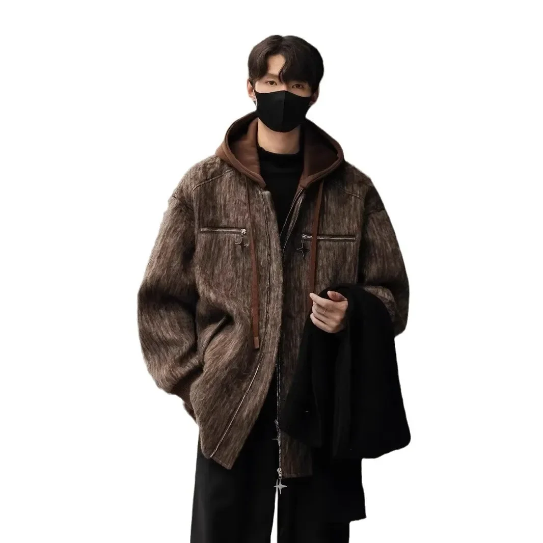 High-End Illusionzip-up Hooded Jacket Two-Piece Couple Costume Men's Autumn Winter Cropped Wool Overcoat Thickened Jacket