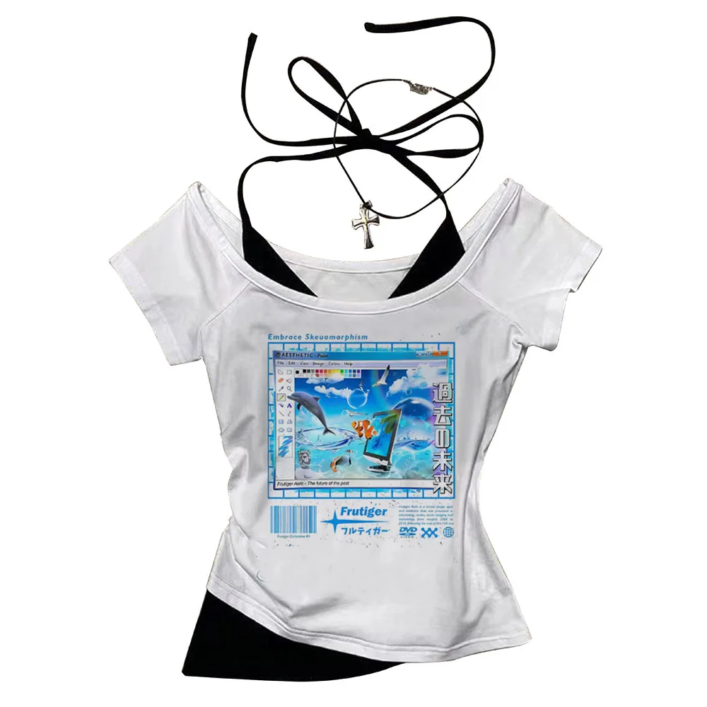 Frutiger Aero crop top esthétique fée coupe ajustée mignon Streetwear coquette été shoujo fille style corset filles t-shirt - AliExpress
