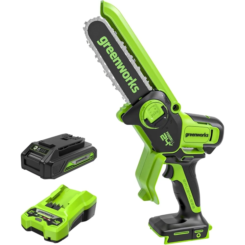 24V 6" Brushless Mini Chainsaw, Small Cordless Handheld Saw, 2.0Ah Battery and Charger Included