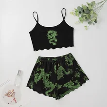 

Dragon Print Pajama Set Summer Sexy Sleepwear Pyjamas Women Plus Size 2 Piece Home Suit Loungewear Lingerie Pijamas Nightie