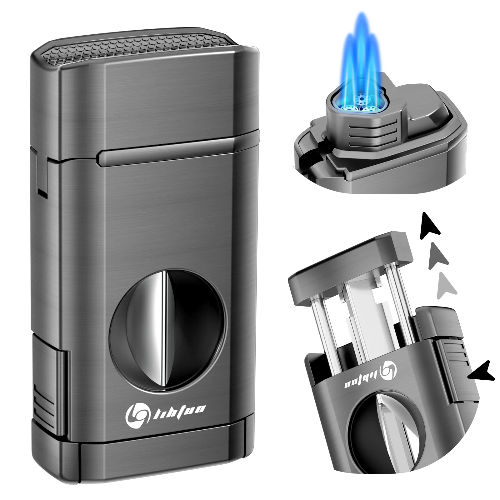 Cigar Lighter Multi-Function Torch Lighter Built-in Cigar Holder&One-Touch Cutter V Cut 3 Jet Flame Butane Lighters Accessories Butane Lighter