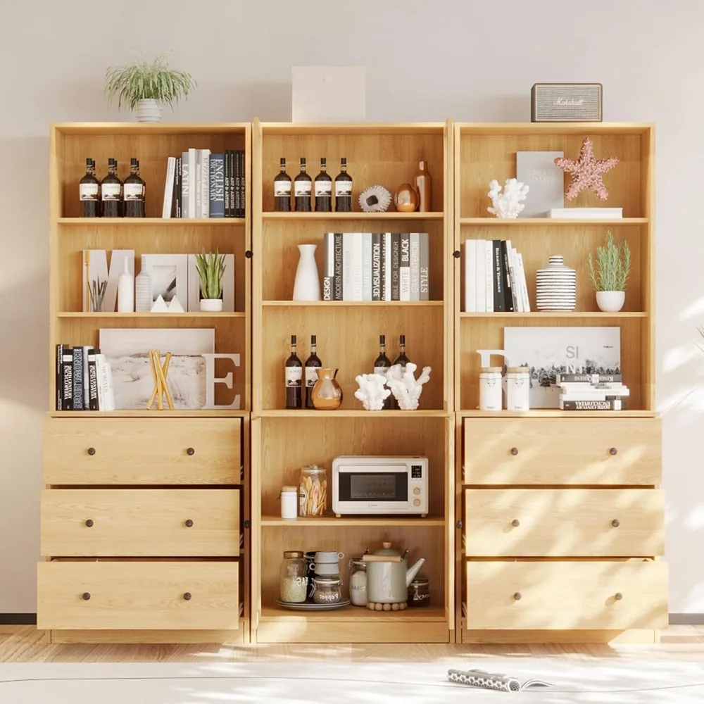 Kitchen cupboard, 3-Tier Modern Bookshelf with 3 Large Drawer,Wood Cabinet with Open Shelf,Glass Doors and Fixed Storage Shelves
