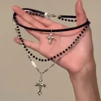 Collier Punk multicouche en croix pour fille épicée Y2K, pendentif Long en croix perlée Vintage, Hip-pop, chaîne personnalisée, Long collier 6