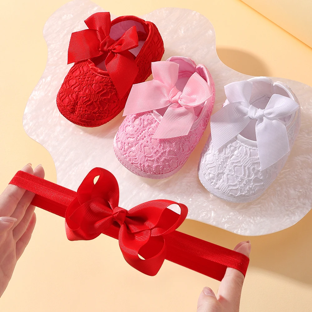 0-1Y Baby Girl Flat Shoes Headband Set Soft Sole Non-slip Bow Embroidered Princess Wedding Walking Shoes Newborn Baby Gift