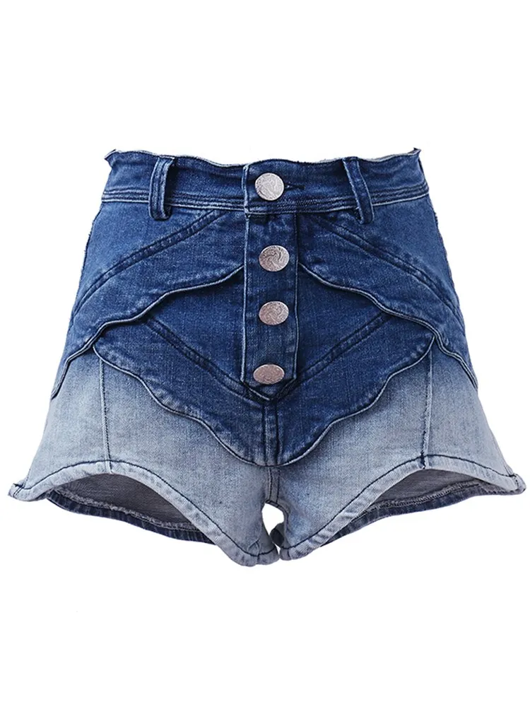 BPN Patchwork Single Breasted Denim Trousers For Women High Waist Gradient Casual Slim Short Pants Female Clothes Summer Fashion