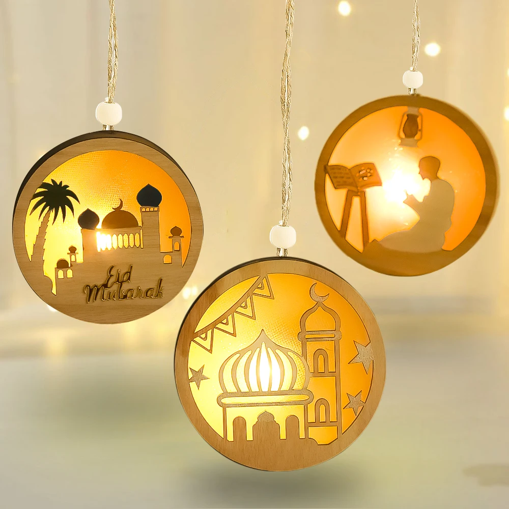 

Eid Mubarak Wooden LED Luminous Pendant Happy Eid Mubarak Party Supplies Ramadan Kareem Parti DIY Islamic Muslim Home Decor