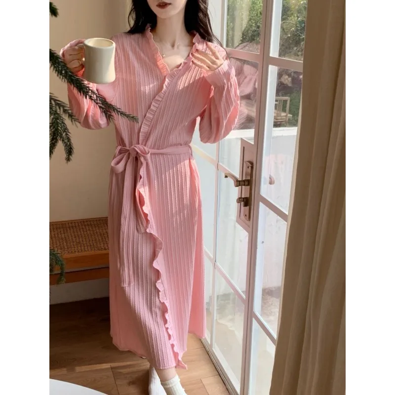 Long bathrobe Spring and Autumn Can be worn outside loungewear Solid color lacing comfortable sexy sleepwear