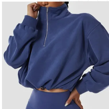 Damska bluza z kapturem o luźnym kroju, sportowa, do biegania i fitnessu, z długim rękawem, zapinana na zamek, ze sznurkiem, wysoki kołnierz, wyszczuplająca.