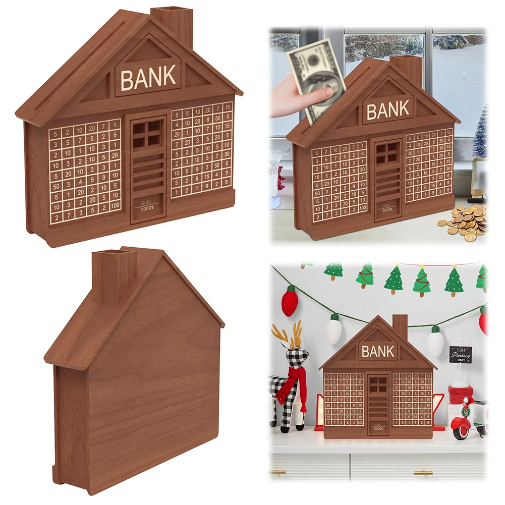 House Shaped Piggy Bank Money Saving Box with Number & Marker Rustic Coin Bank Money Storage Box for Children and Adults