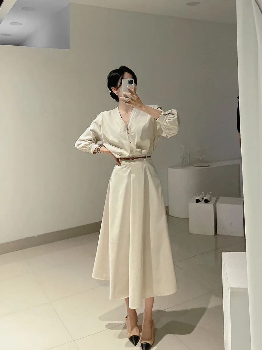 Korean Fashion V-neck Midi Dresses for Women with Belt Long Sleeve A-line Office Lady Autumn New Elegant Solid Female Clothing