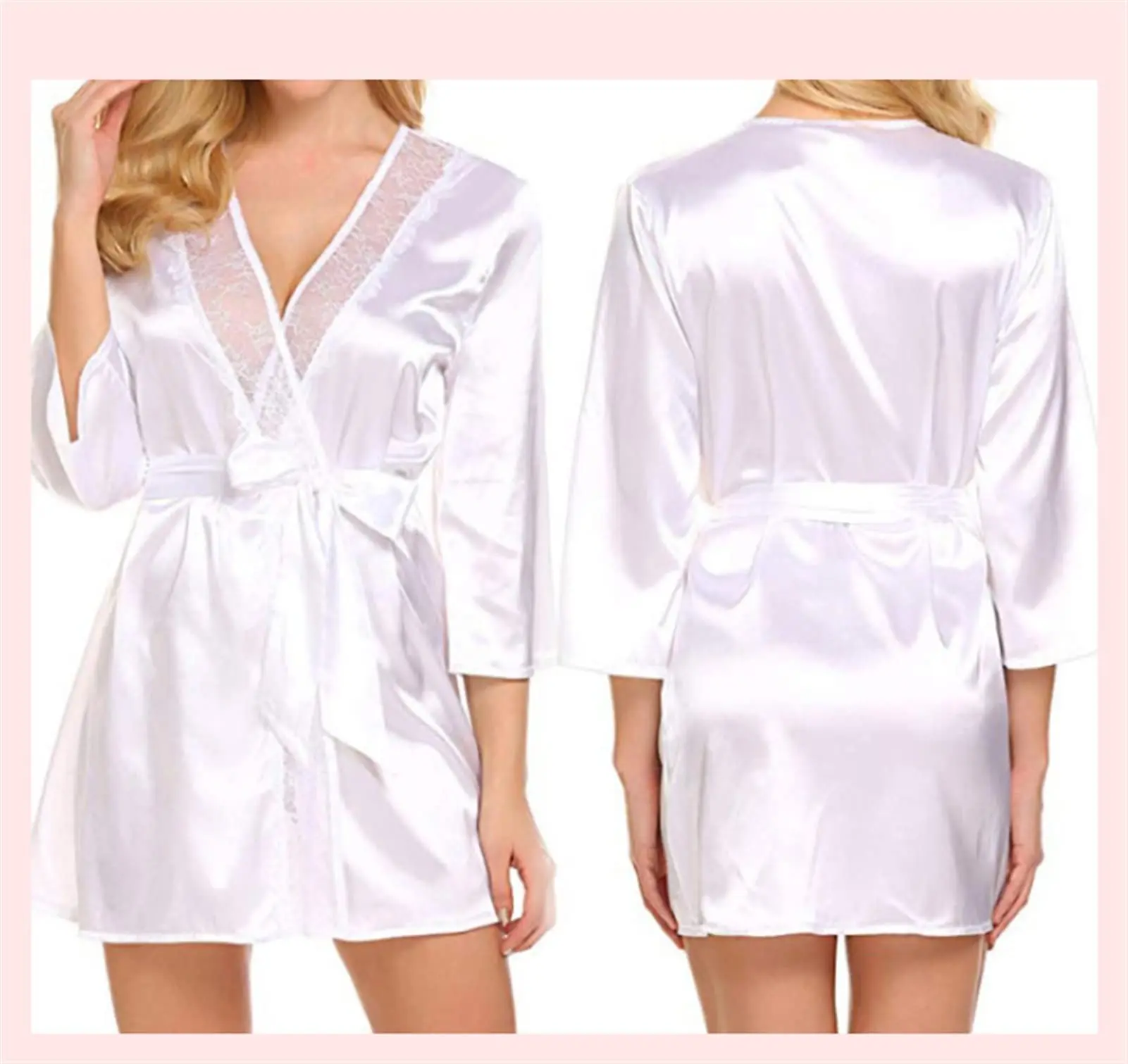 Women's Sexy Satin Solid Color Robe Lace Trim Kimono Nightgown Deep V Neck Lingerie Pajamas Bathrobe Sexy Sleepwear of Women 2