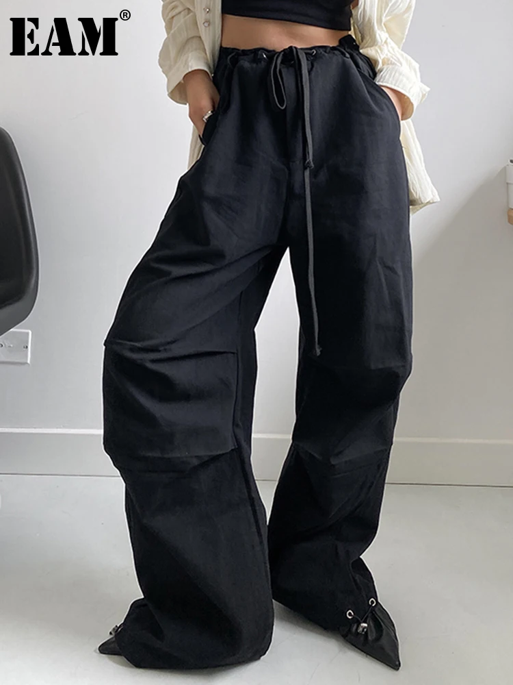 

[EAM] High Elastic Waist Black Drawstring Long Wide Leg Pants New Loose Fit Trousers Women Fashion Spring Autumn 2023 1DH0347