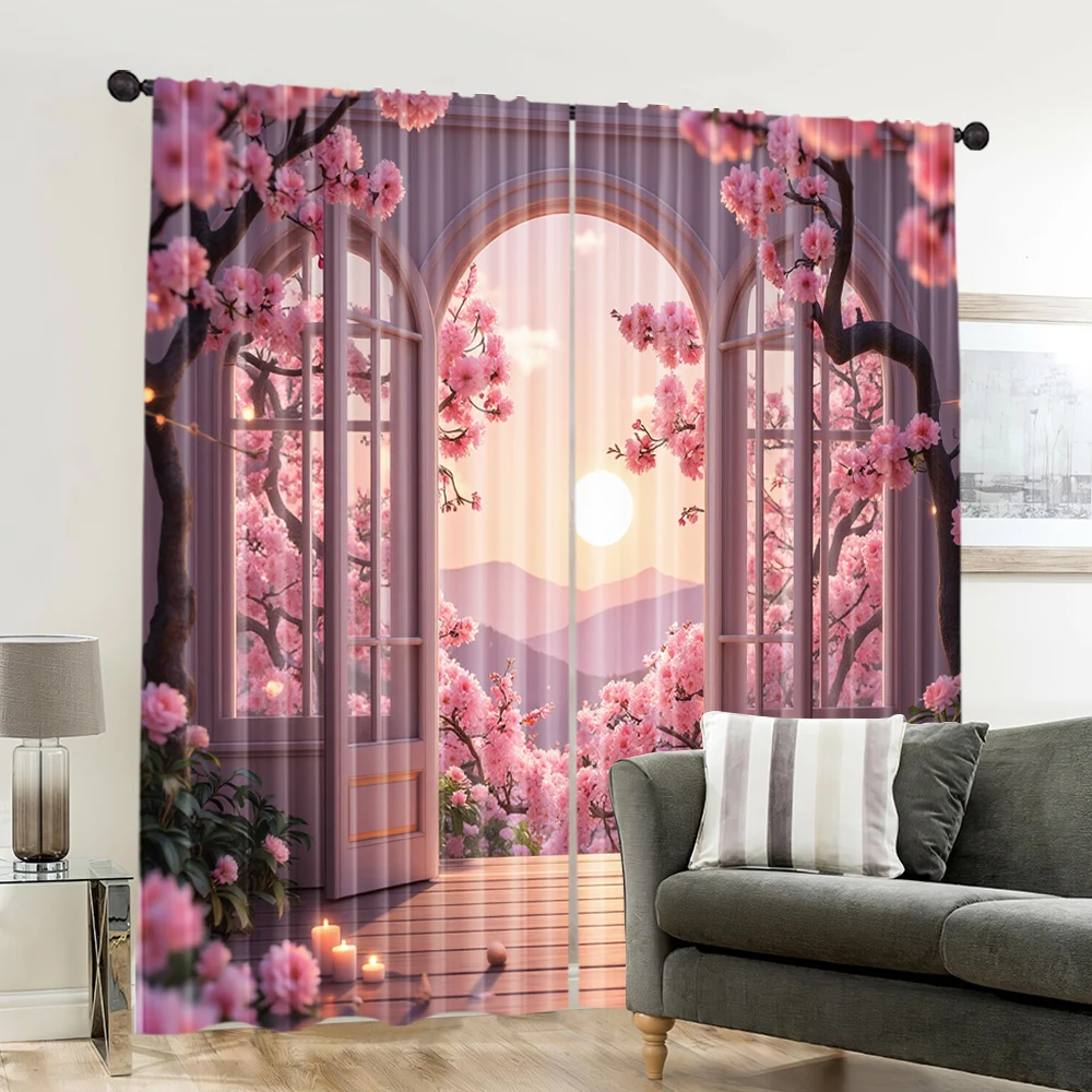 2pcs, spring summer Curtains Spring Flowers Romantic Scenery Prints Light Filtering Curtains Versatile Polyester Fabric Festive 6