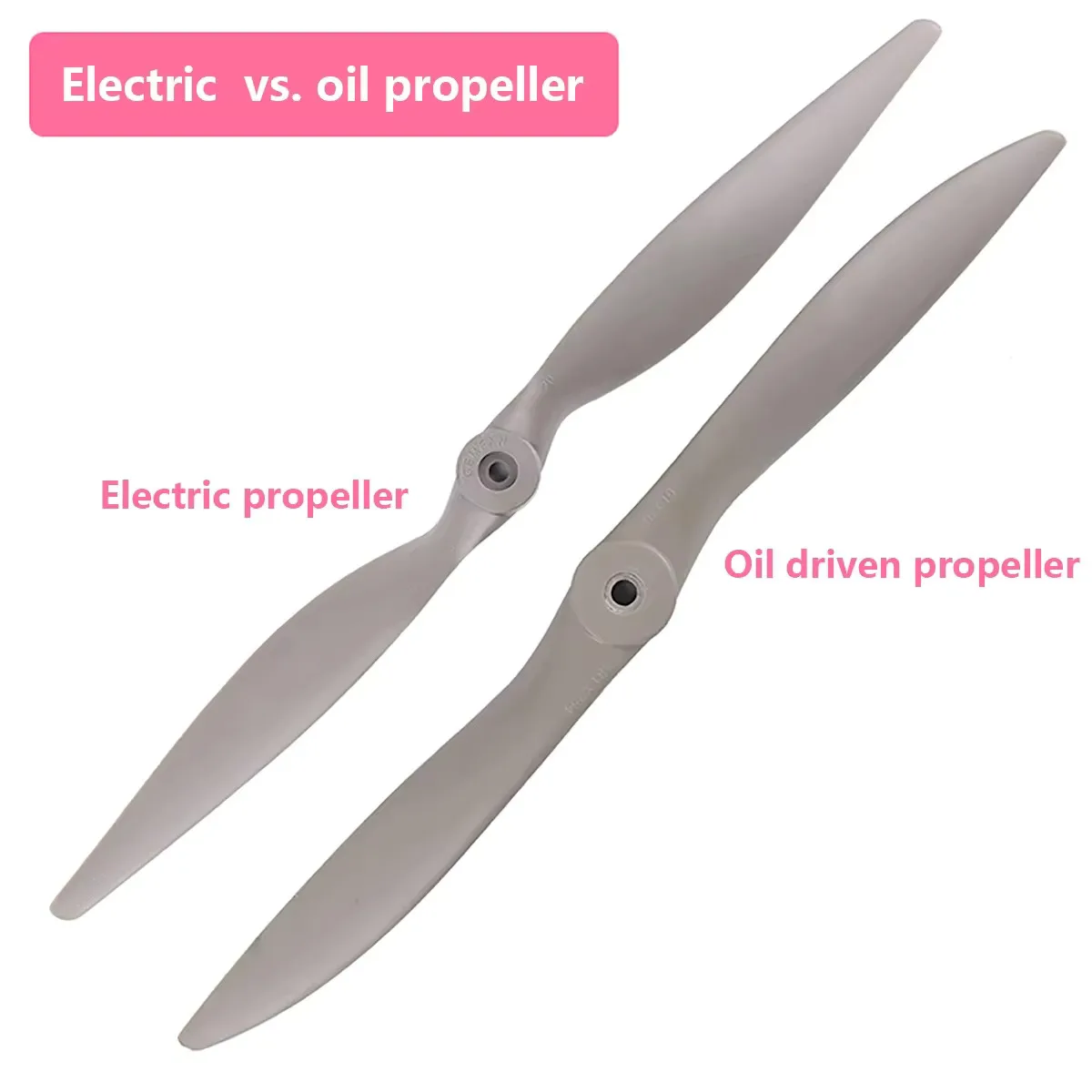 Deux hélices RC 10x6 pour moteur d'avion, posées sur fond blanc, reflets lumineux