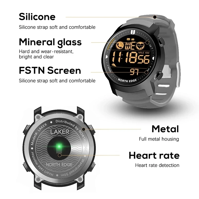 NORTH EDGE Smart Watch Men Heart Rate Monitor Waterproof 50M Swimming Running Sports Pedometer Stopwatch Smartwatch Android IOS 4