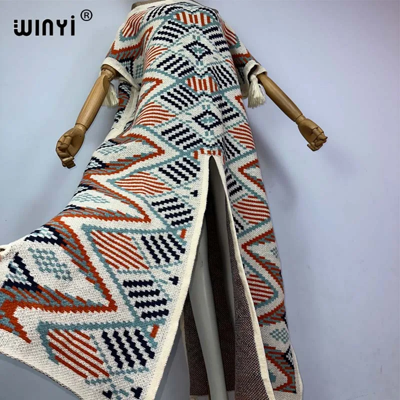 Winyi Nieuwe Geometrische Print Comfort Warm Mode Kaftan Vakantie Jurk Elegante Afrika Boho Party Winter Kaftan Voor Vrouwen Lange Jurk