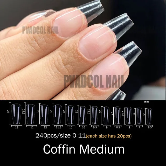 Gel Nails Extension System Full Cover Sculpted Clear Stiletto Coffin False Nail Tips 240pcs/bag Coffin Medium