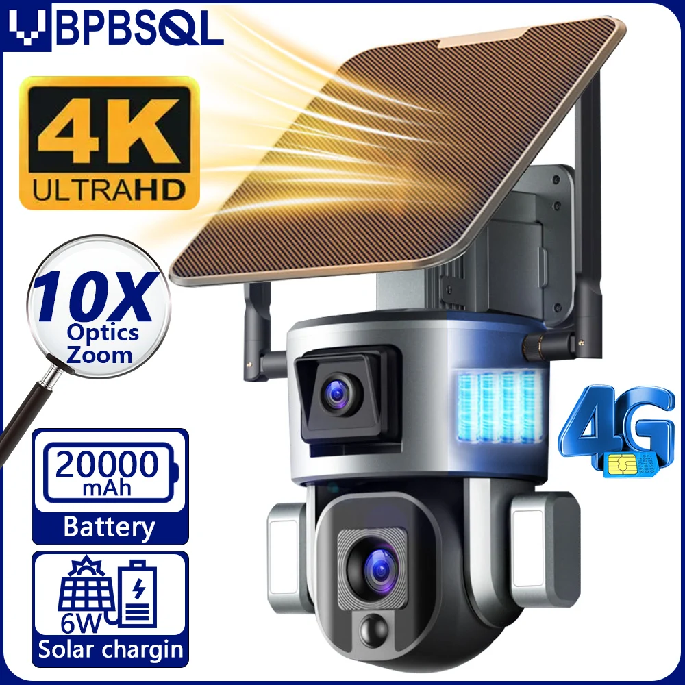 Беспроводная Солнечная камера 4K, 4G, 8 Мп, Wi-Fi, двойной объектив, 10X оптический зум, солнечная панель, гуманоидное отслеживание, PTZ, камера безопасности IP66, водонепроницаемая