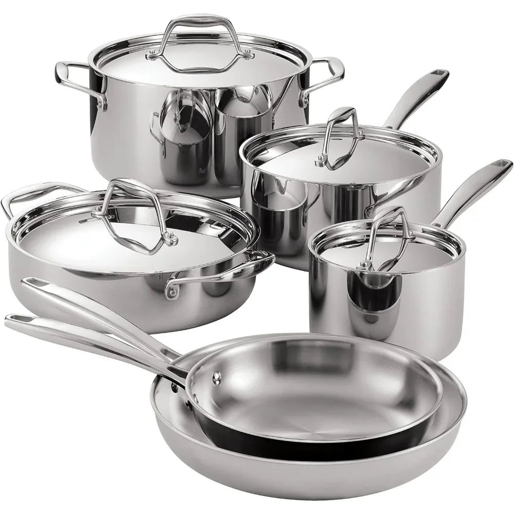 

10 piece stainless steel cookware set, easy to clean, Heat distribution, compatible with all stove surfaces