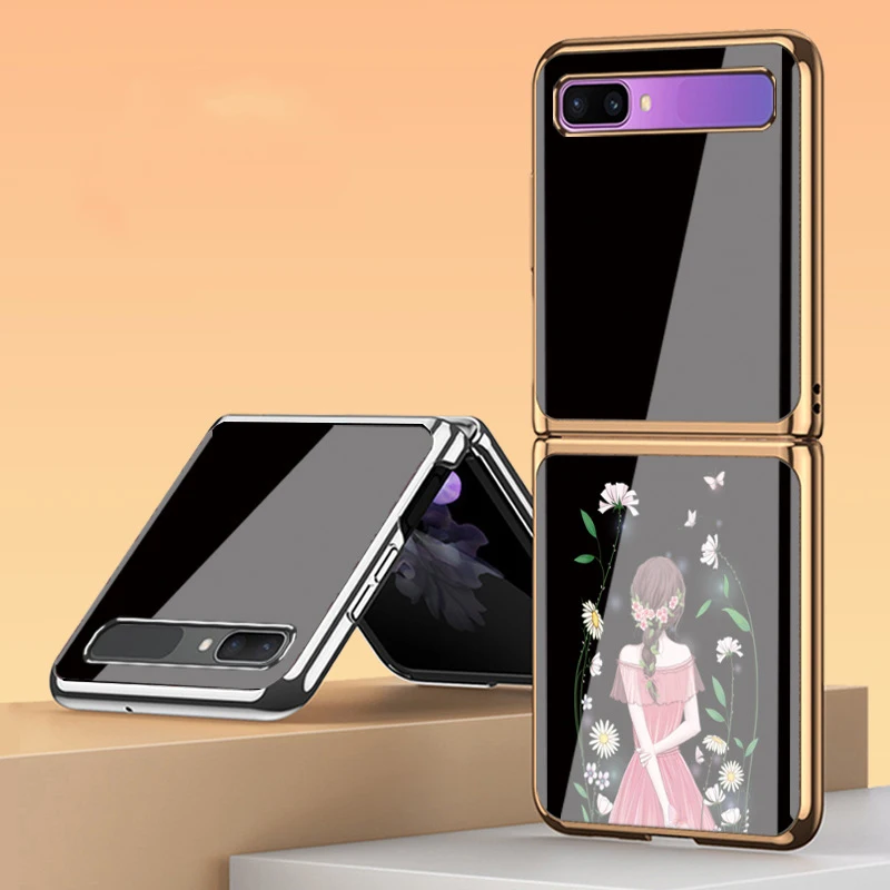 

Z Flip 4 Funda Case for Samsung Galaxy Z Flip 4 3 2 1 Daisy Girl Pattern Plating Tempered Glass Shell Coque Phone Case Cover