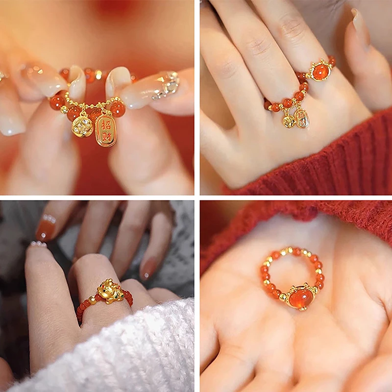 Anello Di Perline Rosse Di Letteratura Retrò Per Le Donne Ragazze Lucky Dragon Pendant Chinese Dragon Year Fashion Finger Jewelry Coppia Di Anelli