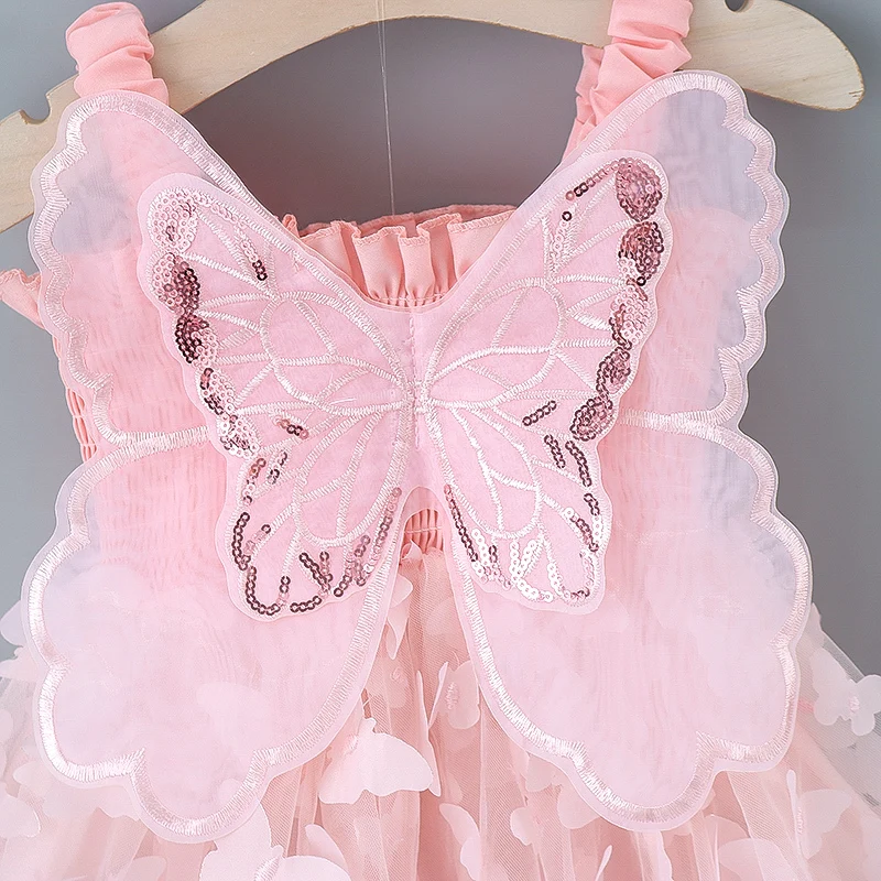 Girls Dress Summer With Large Butterfly Wings On The Back Drawstring Waist Mesh Colorful Butterfly Princess Party Dress