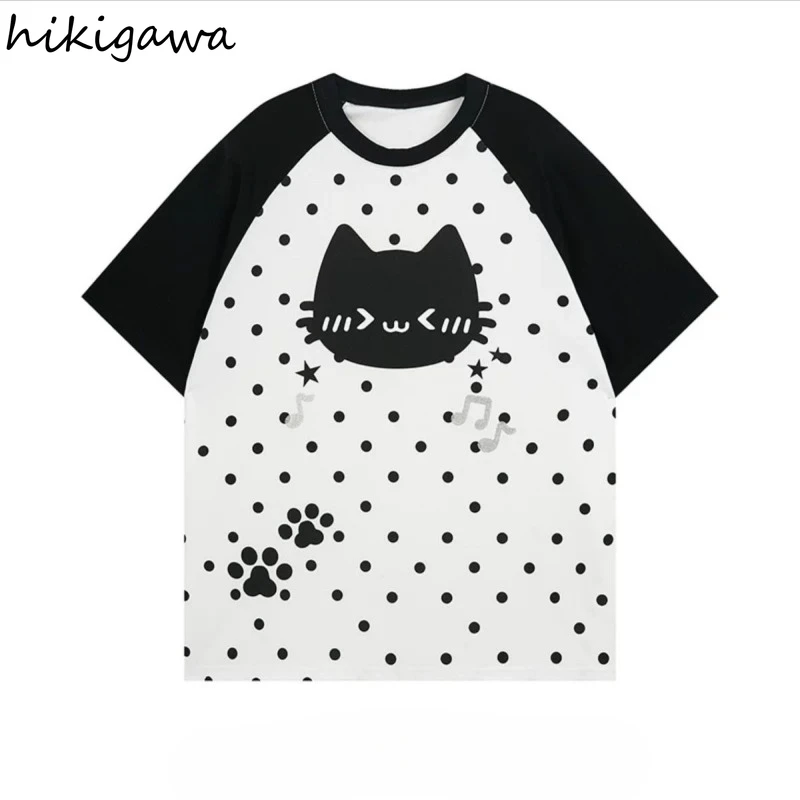 2025 Ropa Mujer Y2k Tops Summer Sweet Tshirts Women Clothes Polka Dot Cat Print Tees Oversized T-shirt Casual Fashion Camisetas 3