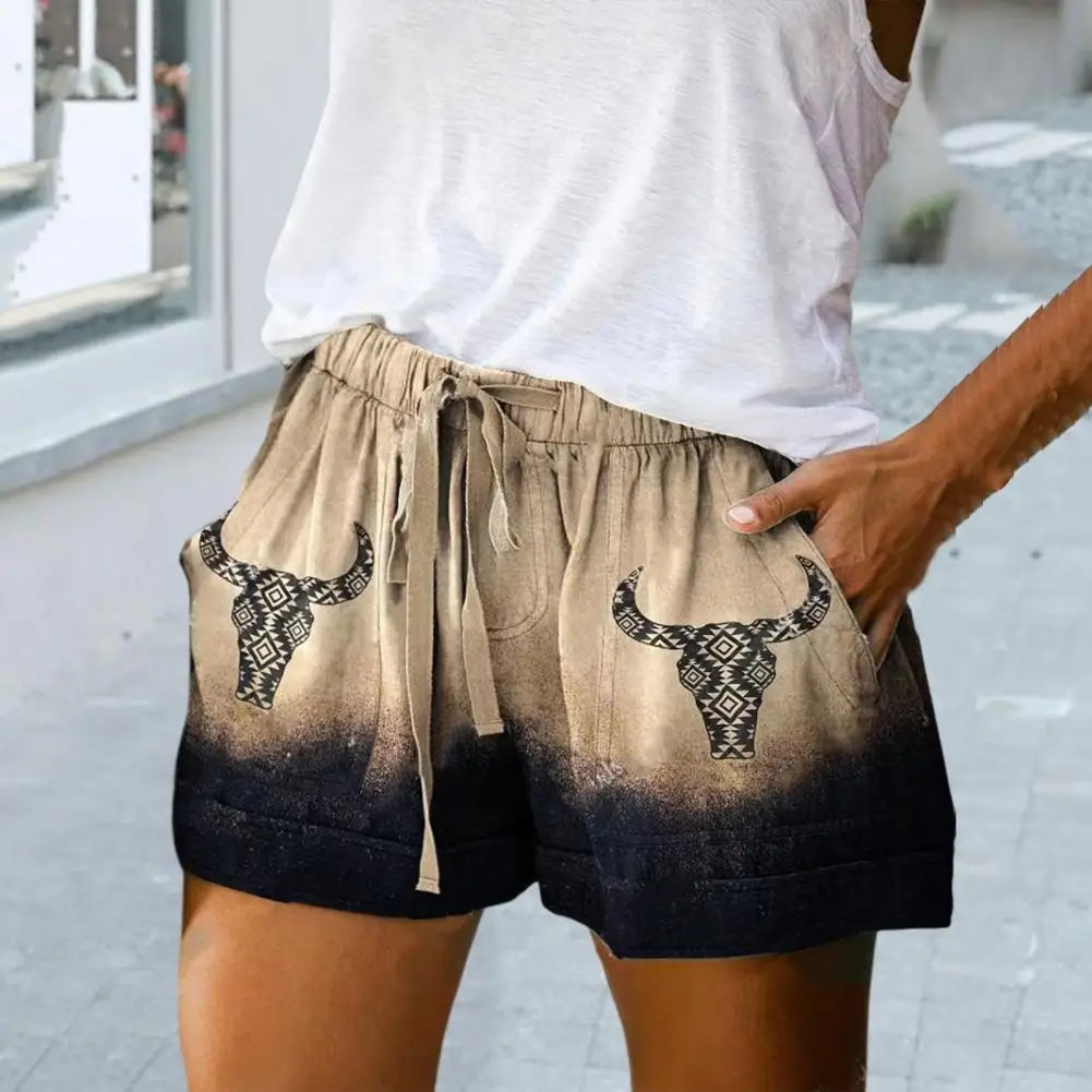 

Chic Soft Fabric Elastic Waistband Skin-touching Retro Print Drawstring Loose Shorts Female Shorts Sweat Absorbing