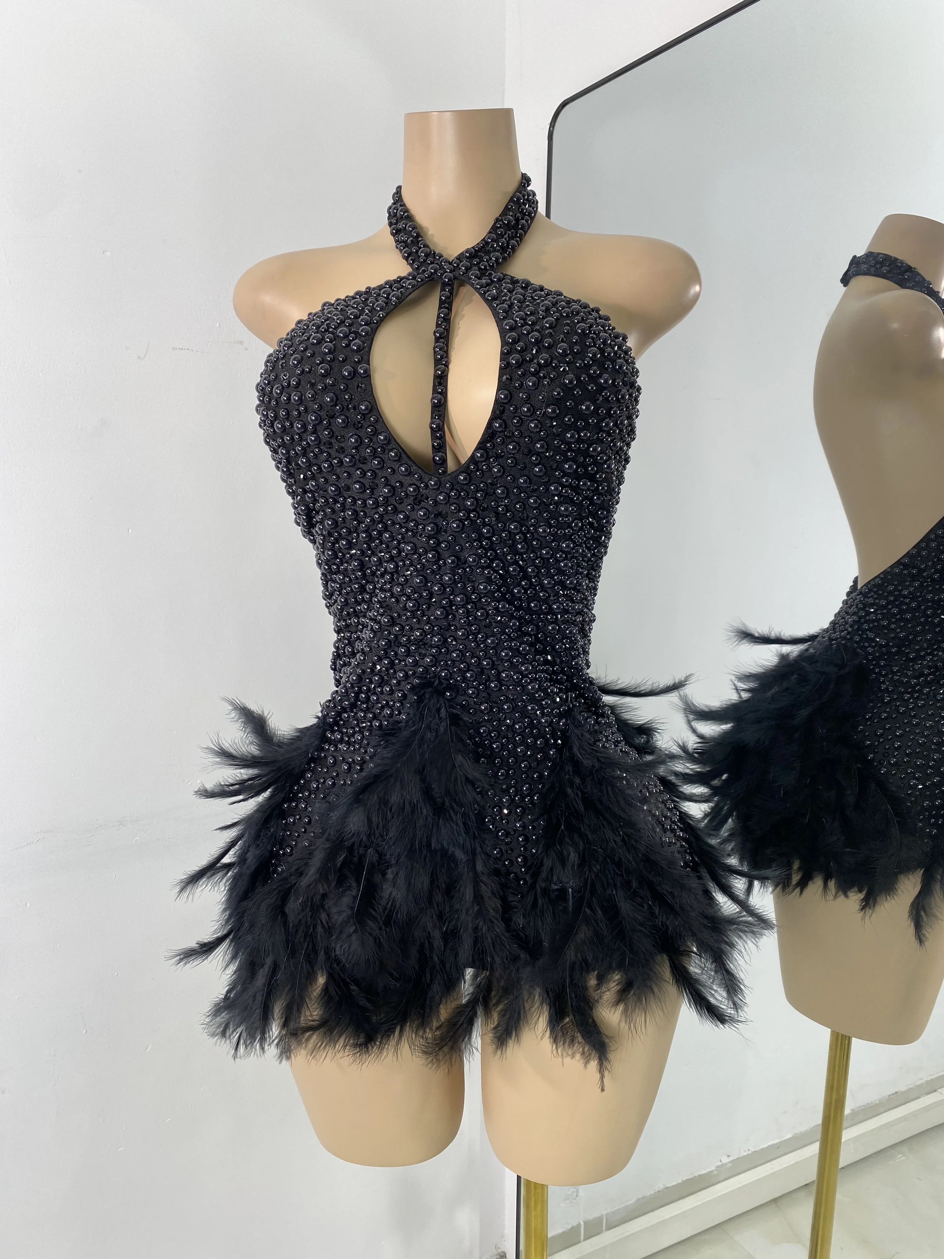 High Quality Women Sexy Halter Beading Feather Tight Bodysuit Nightclub Performance Leotard Luxury Party Celebrate Stage Wear