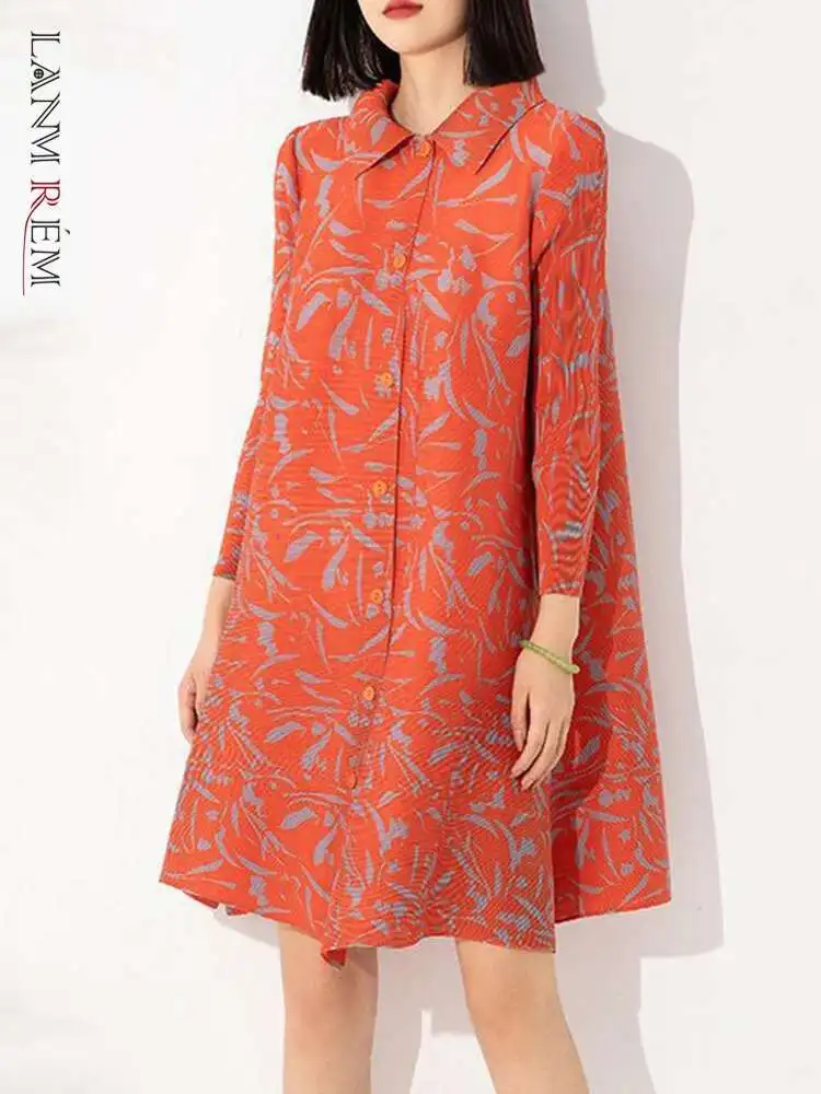 LANMREM Elegant Printing Pleated Dress Women Lapel Single Breasted Mid Length Dresses Fashion Party 2025 Spring New 2AA1888