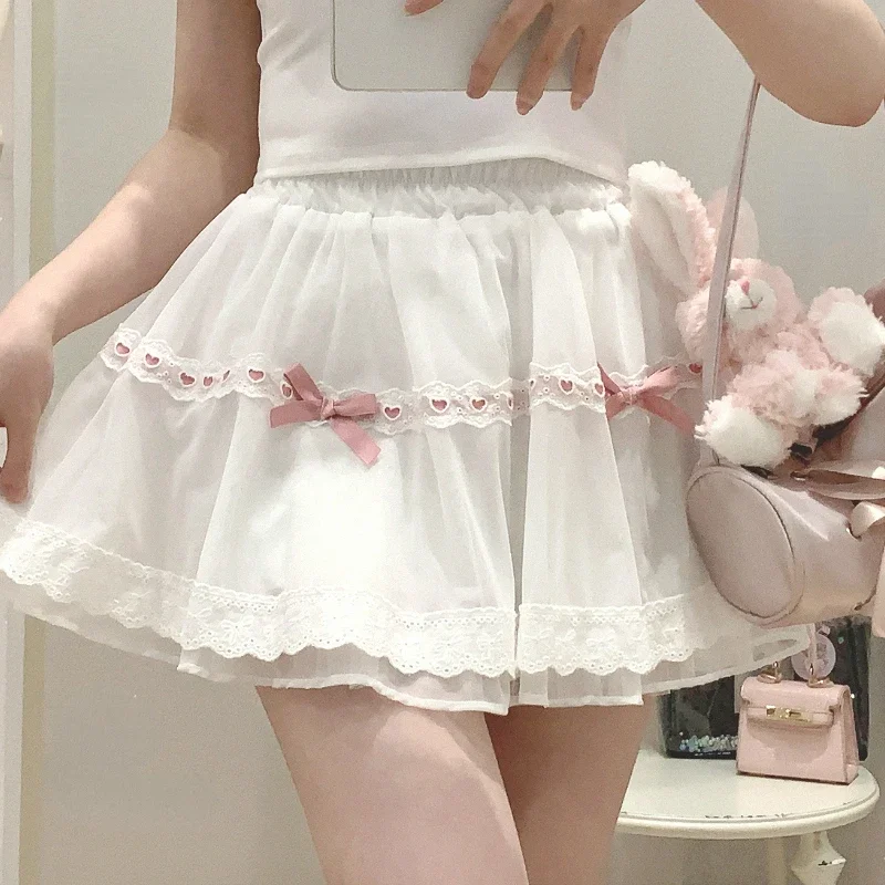 

Женская кружевная юбка с оборками, розовая японская юбка в стиле «каваи Лолита», модная Милая Корейская юбка в стиле преппи с высокой талией