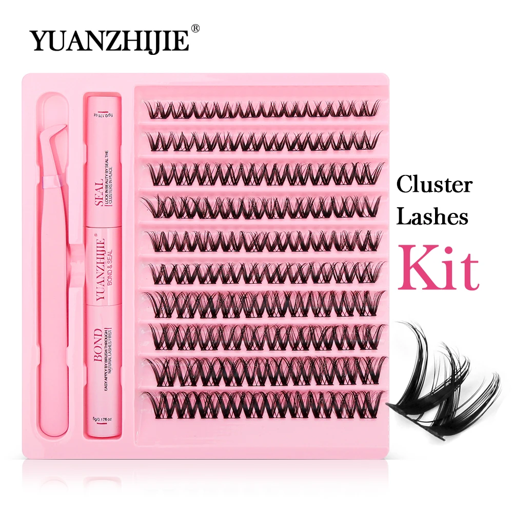 

YUANZHIJIE Lash Extensions Kit Makeup Lash Bond and Seal Glue Individual Lashes 10 Rows Cluster Eyelashes Extension