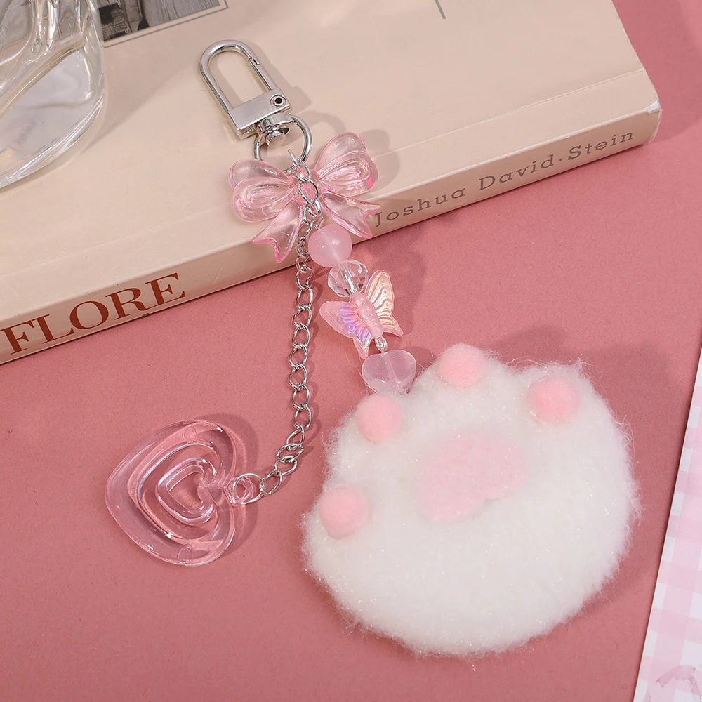 Cute Plush Cartoon Cat Claw Keychain Soft White Pink Key Ring Pendant Backpack Car Pendant Decoration Keyholder Lolita Girls