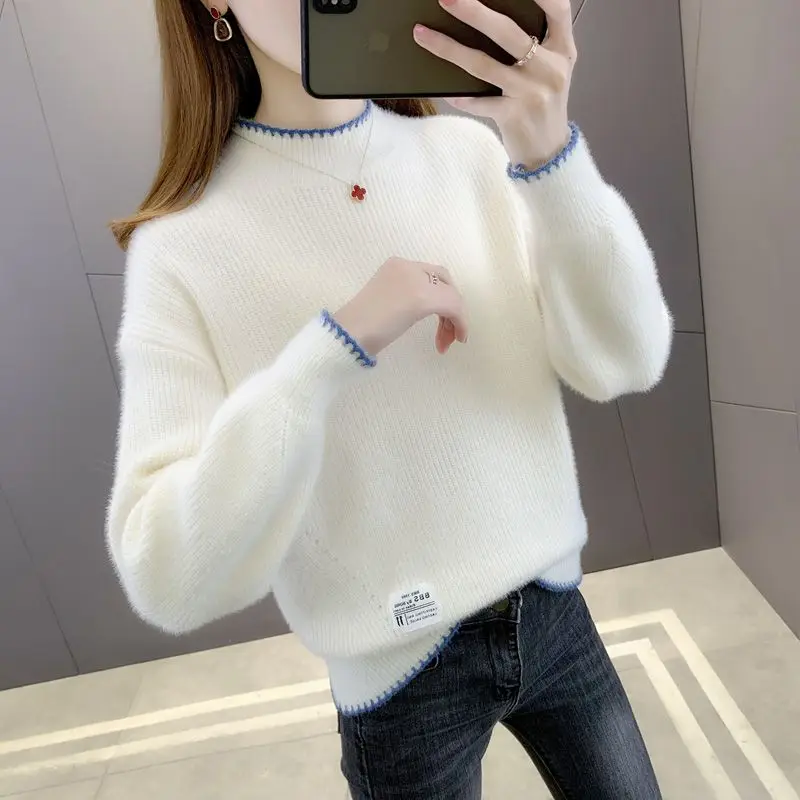 

Women Knitted Sweater Solid Thick Pullovers Autumn Winter New Long Sleeve Faux Mink Fur Cashmere Turleneck s Q659