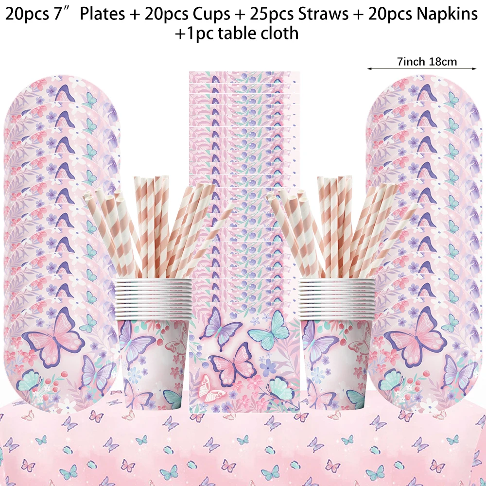 Butterfly Fairy Birthday Party Tableware Set - Pink Disposable Plates Cups Napkins and Tablecloth
