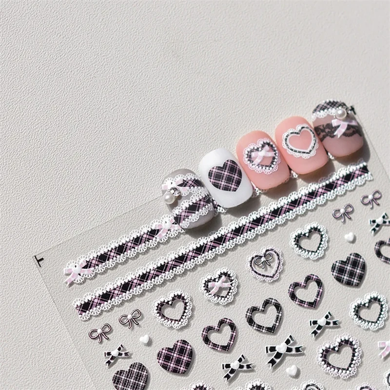 1pcs Sweet Pearl Lace Bow Nail Stickers Love Heart Pink White Black Lace Bow Self Adhesive Nail Art Decorations Decals Accessory 5