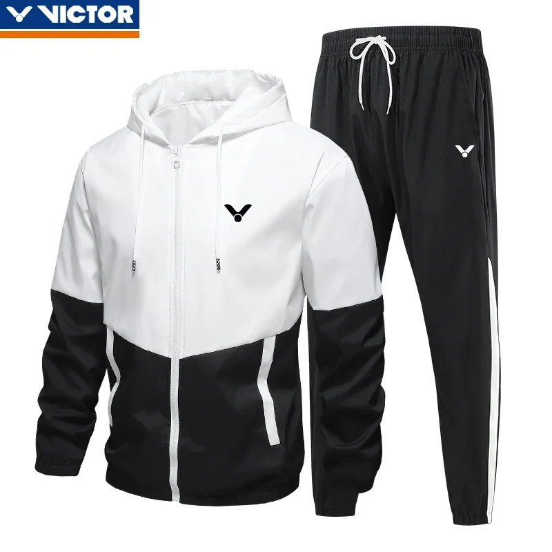 Victor New Men's and Women's Same Badminton Clothing Color Matching Hooded Jacket with Trousers Suit