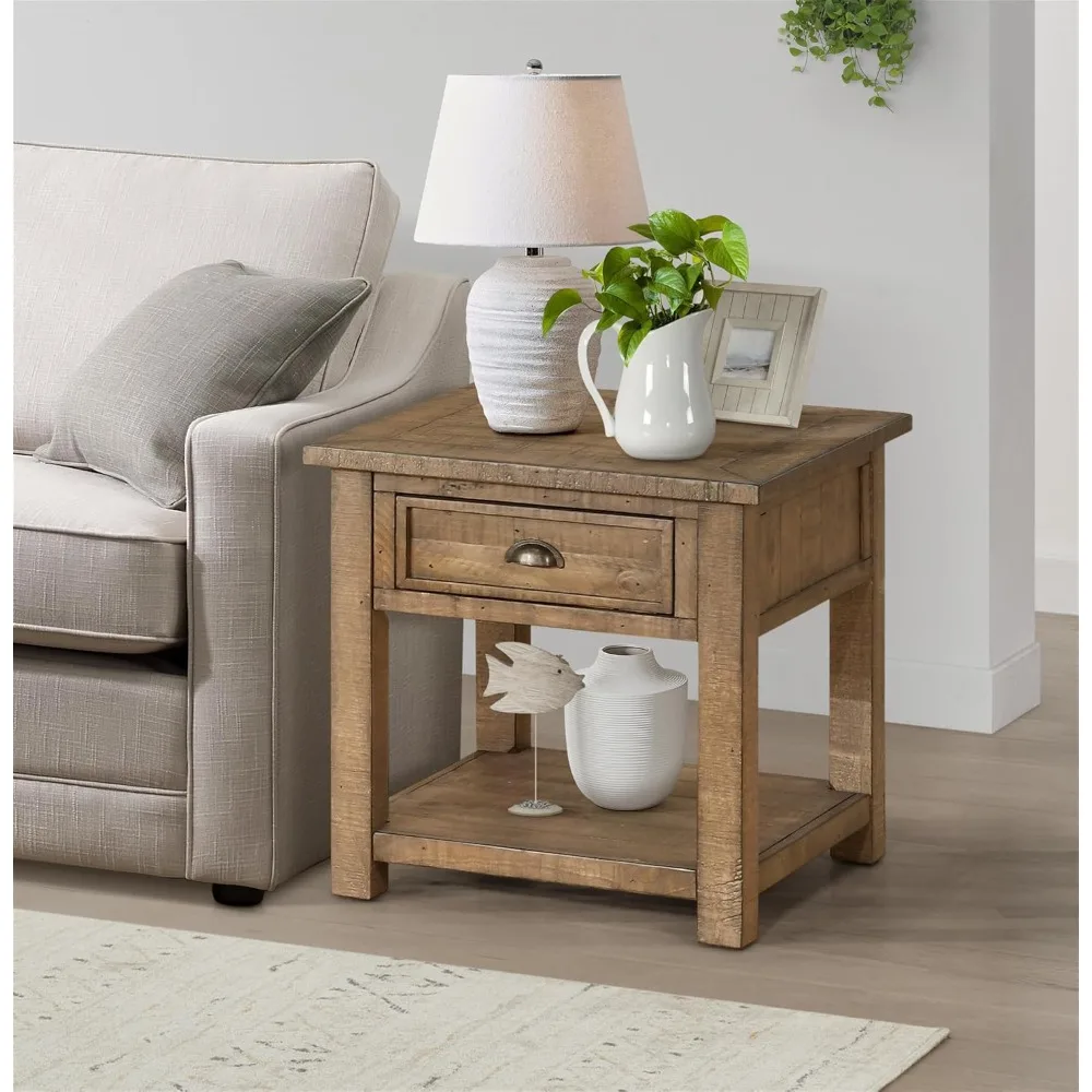 Monterey End Table - Reclaimed Natural Wood Finish- Coastal Style - with Shelf and Cabinet for Storage 2