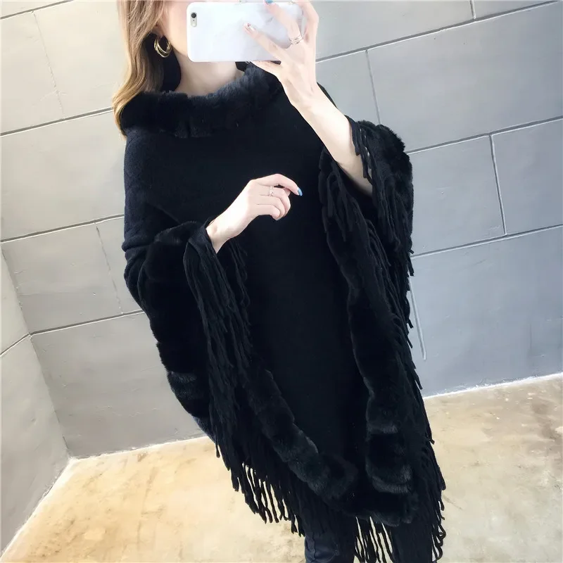 

Autumn Winter Imitation Rabbit Fur Women's Coat Imitation Wool Collar Pullover Shawl Warmth Poncho Capes Black Cloaks