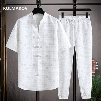(قميص + بنطلون) 2022 الصيف النمط الصيني الرجال قميص القطن قمصان مربعة النقش الرجال عادية مرونة الخصر قمصان الرجال حجم M-5XL