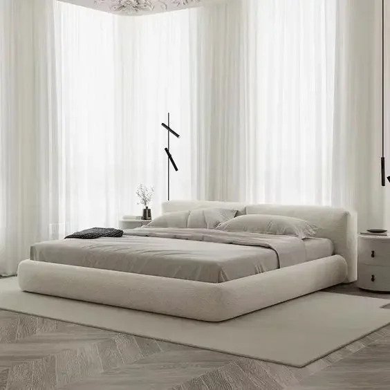 Minimalist Linen Fabric Bed Solid Wood Frame King Size Beds